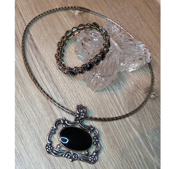 Vintage Jewelry - Curated bundle faux onyx pendant jewelry set necklace and bracelet silver .
